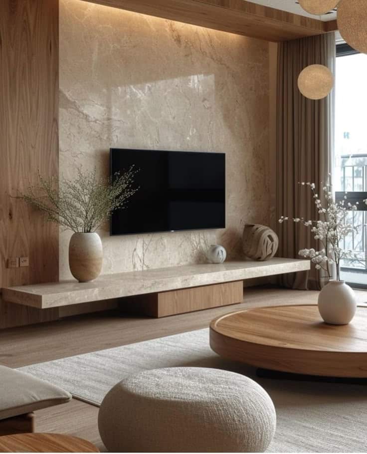 Modern living room interior with minimalist decor, featuring a wall-mounted TV, round wooden table, and stylish accents.