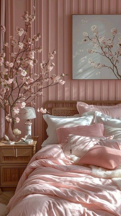 Cozy pink bedroom with cherry blossom decor, soft bedding, and warm lighting creating a serene and inviting atmosphere.