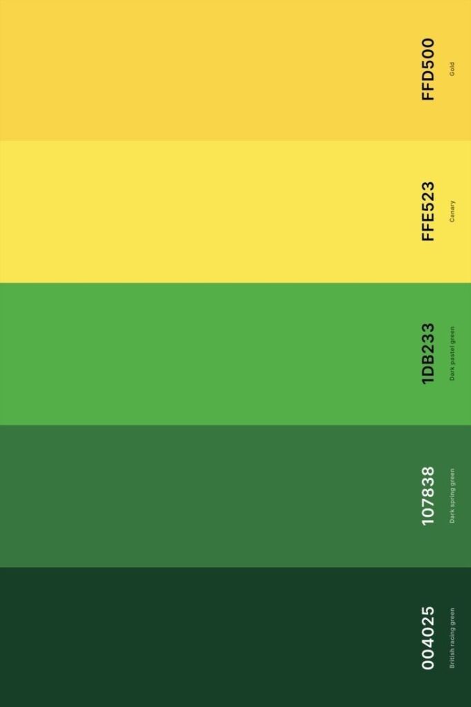 Gradient of five colors from yellow to green with hex codes: #FFD500, #FFE523, #1DB233, #107838, #004025.
