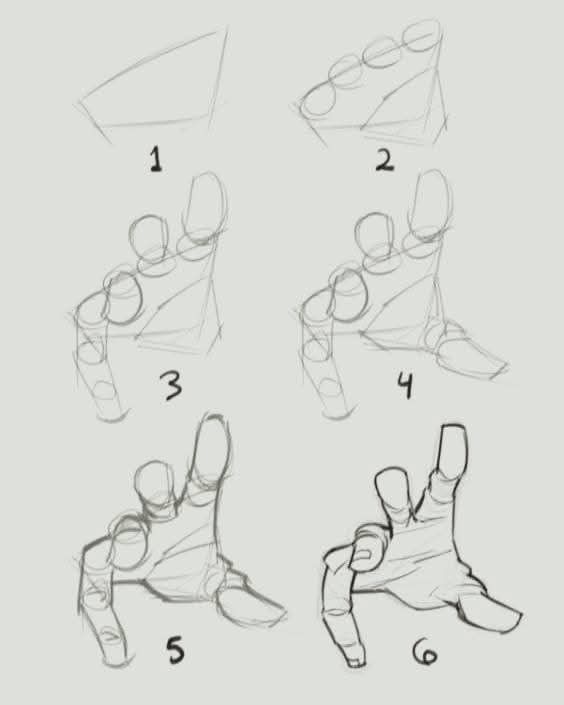 Step-by-step guide showing how to draw a realistic hand using geometric shapes and lines, from outline to detail.
