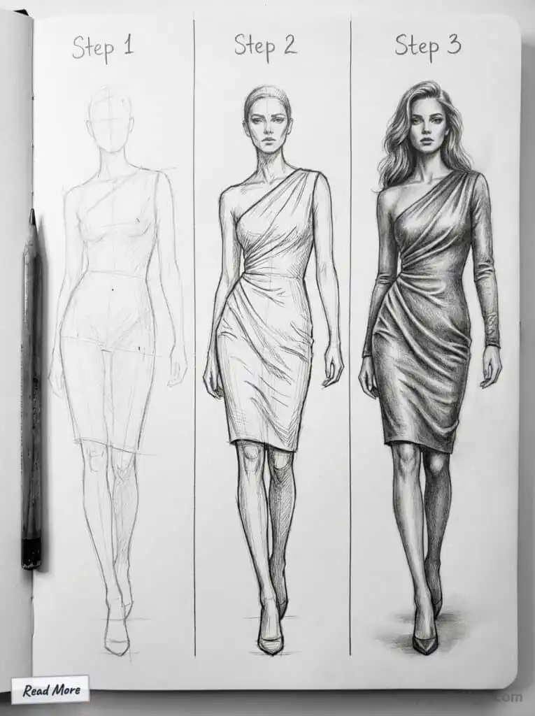 fashion-illustration Pencil sketch of fashion design evolution in three steps, from initial outline to detailed dress illustration with shading. | Sky Rye Design Pencil sketch of fashion design evolution in three steps, from initial outline to detailed dress illustration with shading.