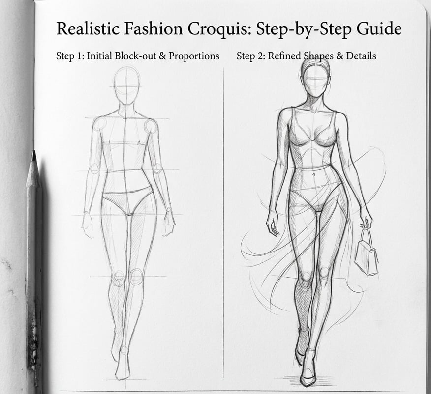 Fashion croquis guide showing initial block-out in step 1, with refined shapes and details in step 2, aiding realistic