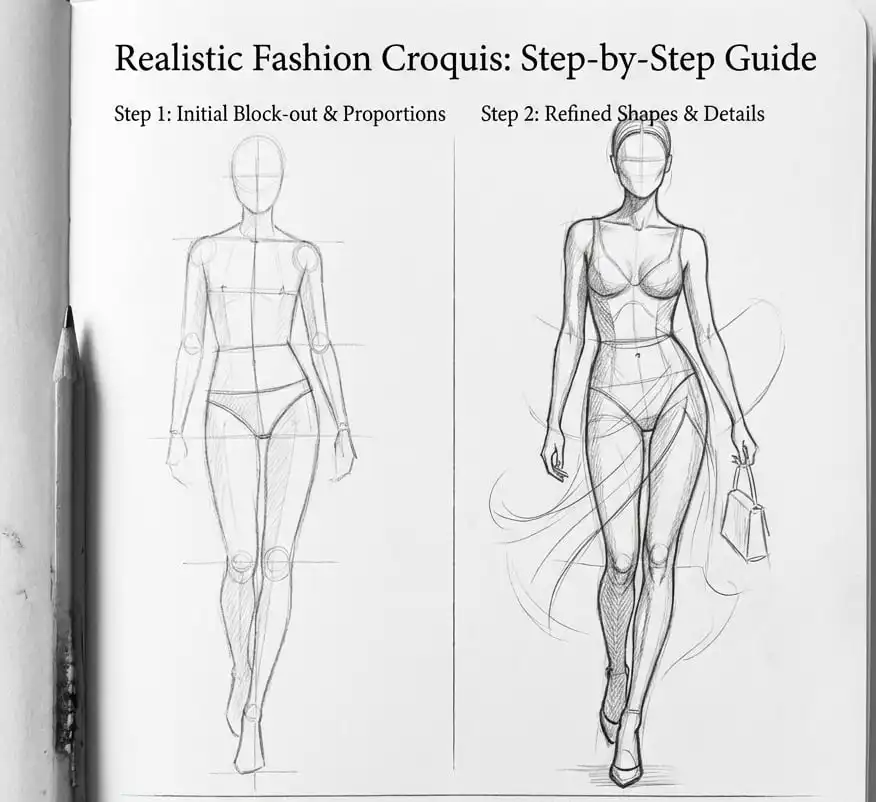 fashion-sketch Fashion croquis guide showing initial block-out in step 1, with refined shapes and details in step 2, aiding realistic | Sky Rye Design Fashion croquis guide showing initial block-out in step 1, with refined shapes and details in step 2, aiding realistic