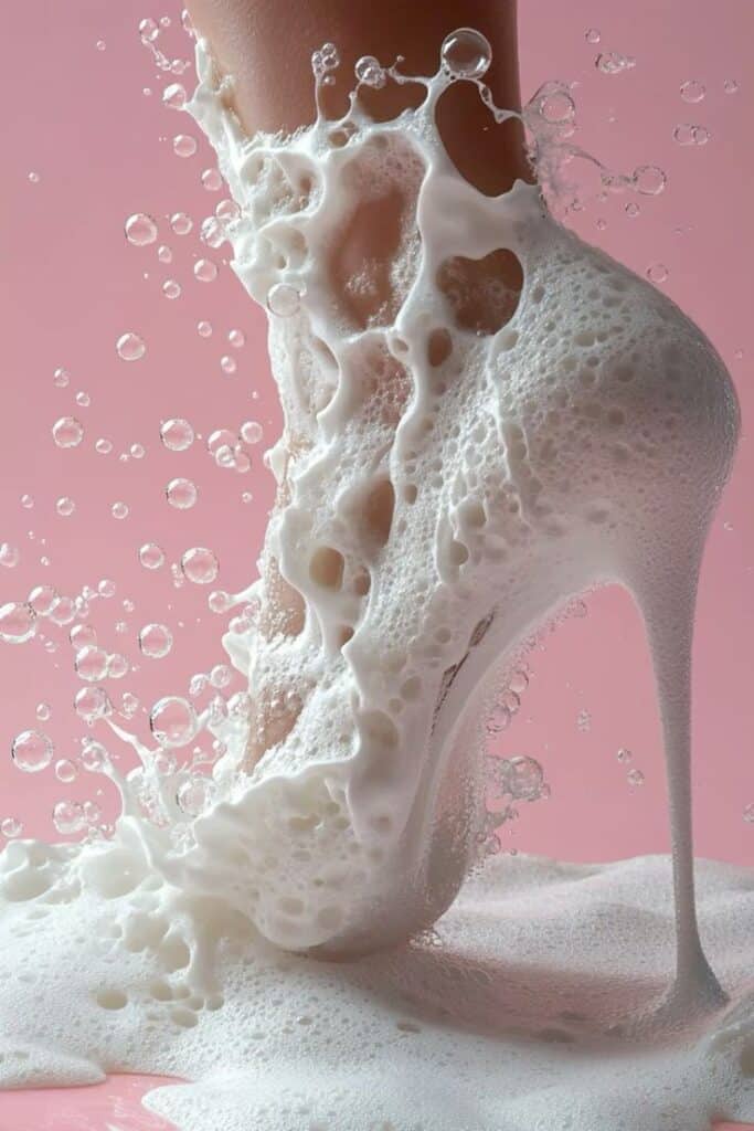 High-heeled shoe covered in splashing milk on pink background, showcasing fashion and creativity.
