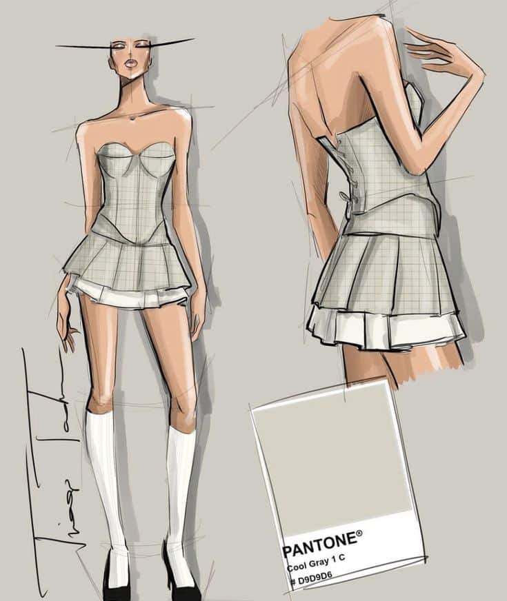 Fashion illustration of a corset dress design in cool gray tones, featuring Pantone swatch and matching accessories.