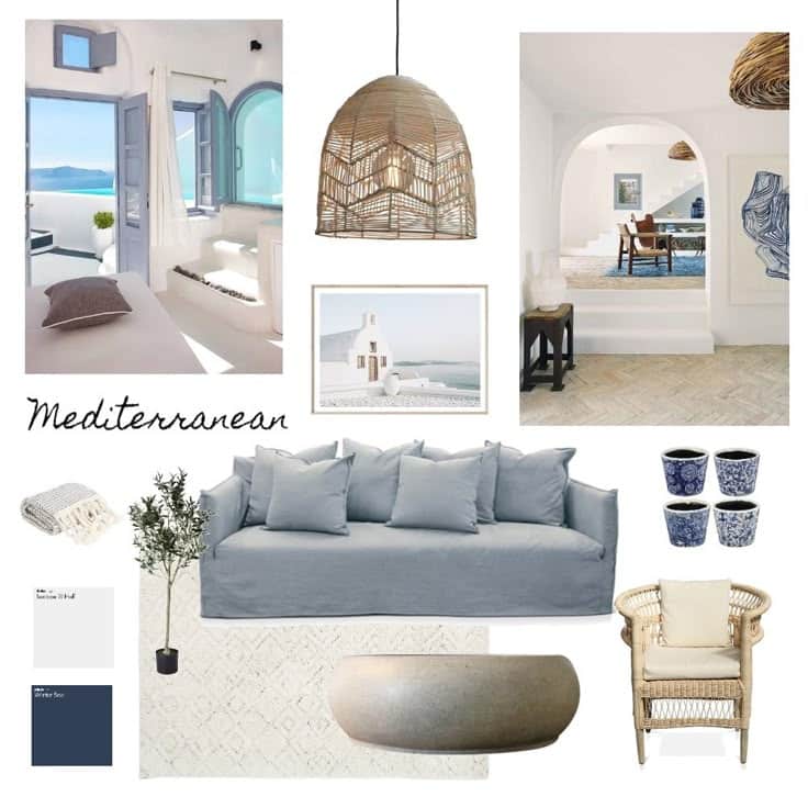 Mediterranean interior design mood board with pastel colors, rattan lighting, and coastal elements.