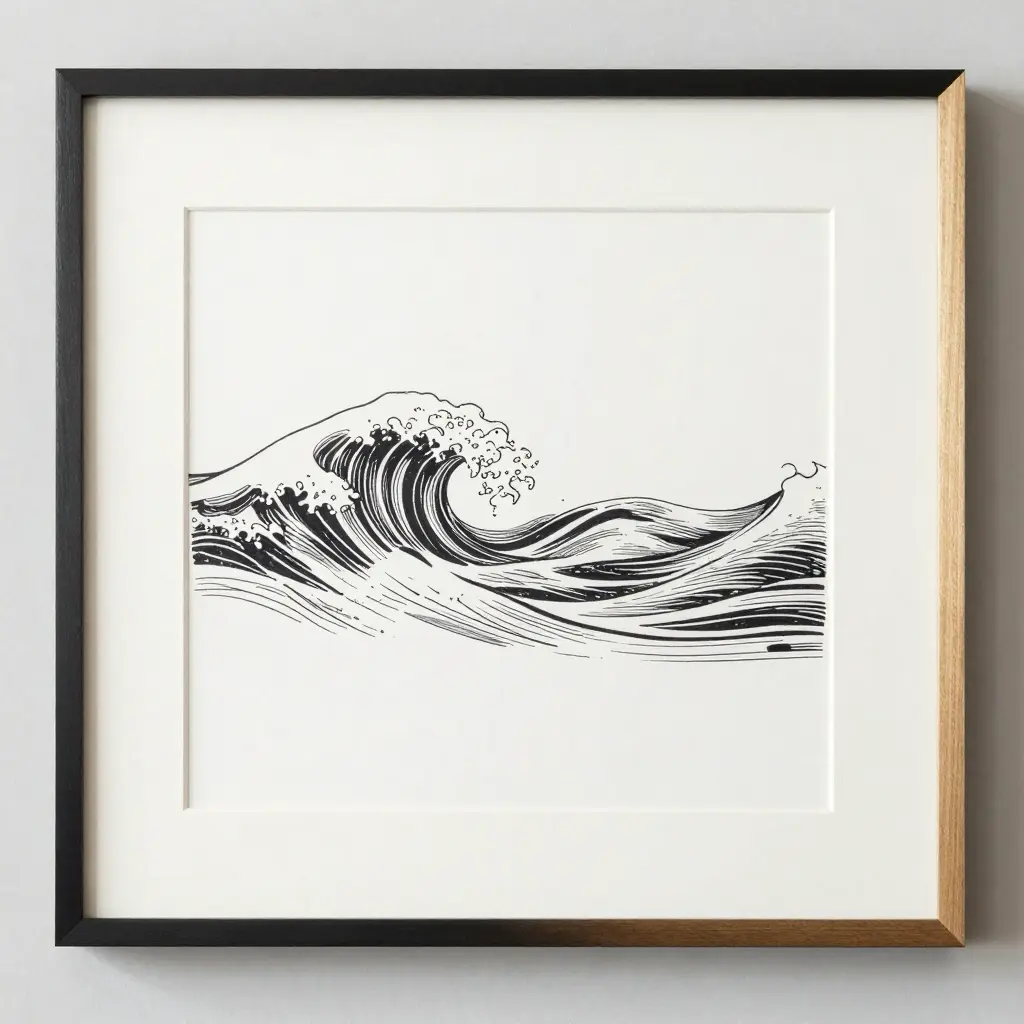 Framed minimalist wave art print, black ink Japanese-style ocean illustration in wood-and-black frame for modern coastal wall decor