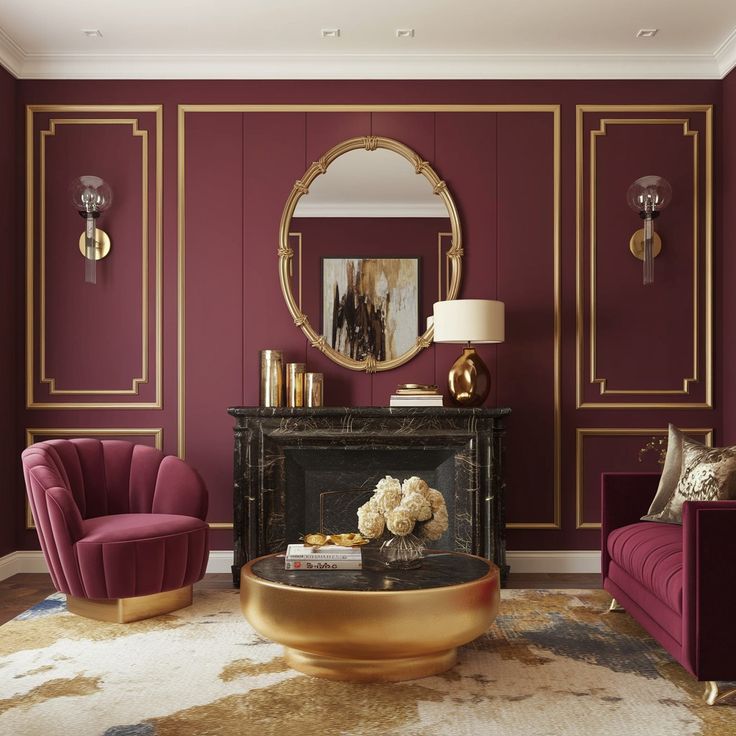 Luxurious living room with burgundy walls, gold accents, and elegant furniture centered around a black marble fireplace.