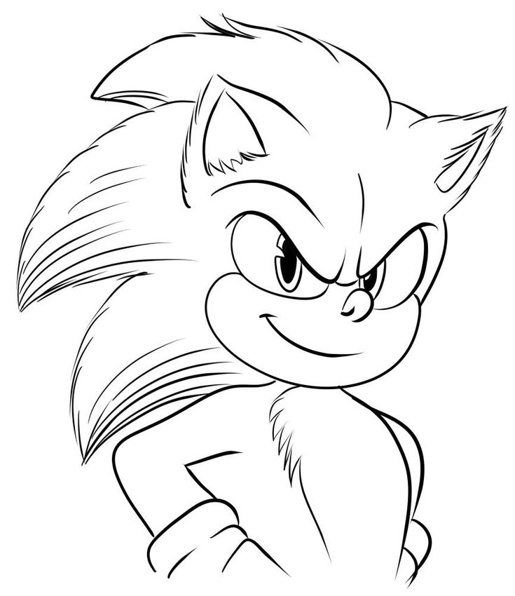 Cartoon hedgehog with spiky hair and a confident smirk, hand on hip, black and white line art.