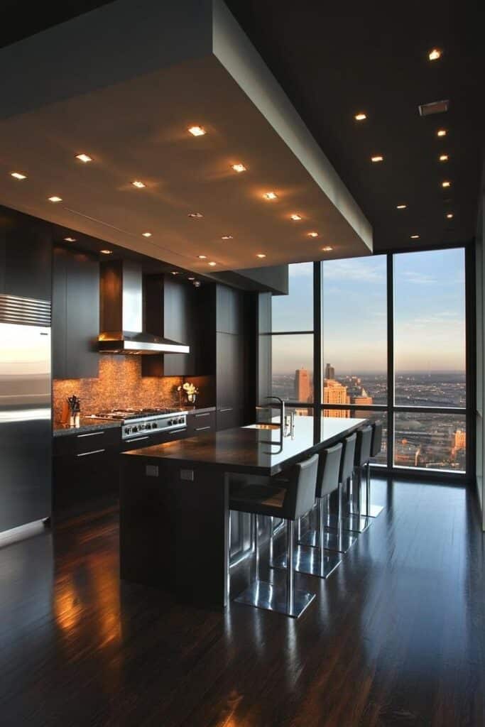 Modern high-rise kitchen with dark wood finishes, elegant lighting, and cityscape views through large windows.