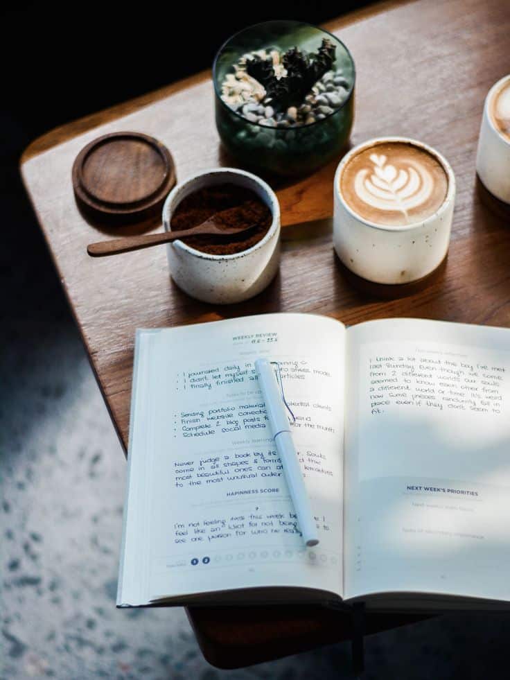 Open planner with pen beside coffee and succulents on wooden table. Cozy workspace setup for productivity.