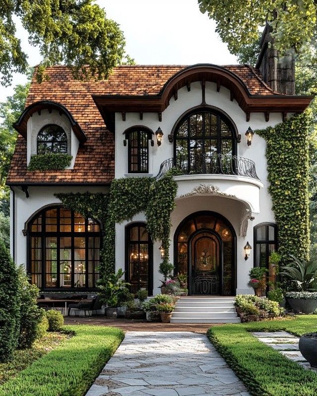 fd6b4c43-a113-4a76-9e88-af19e2b450f6 Charming cottage-style house with ivy-covered facade, large windows, and lush garden under a clear blue sky. | Sky Rye Design Charming cottage-style house with ivy-covered facade, large windows, and lush garden under a clear blue sky.
