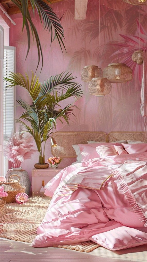 Pink tropical-themed bedroom with lush plants, cozy bedding, rattan lamps, and sunlight streaming through a window.