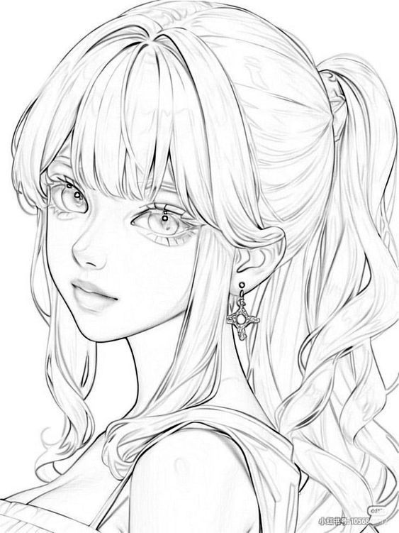 Black and white illustration of a female anime character with long hair in a ponytail, wearing a star earring.