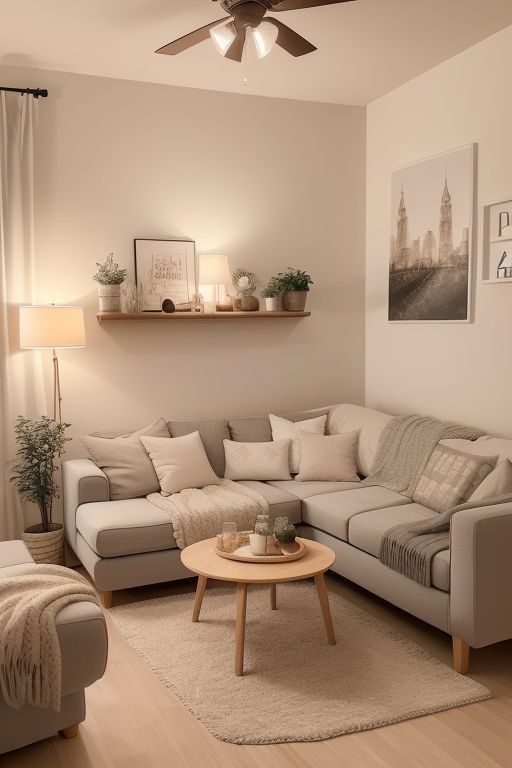 Cozy living room with corner sofa, coffee table, wall art, and warm lighting creating a relaxing ambiance.
