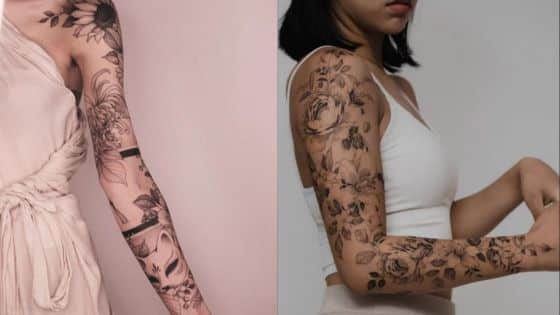 female sleeve tattoos Close-up of two women's arms with detailed floral tattoo sleeves. | Sky Rye Design Close-up of two women's arms with detailed floral tattoo sleeves.