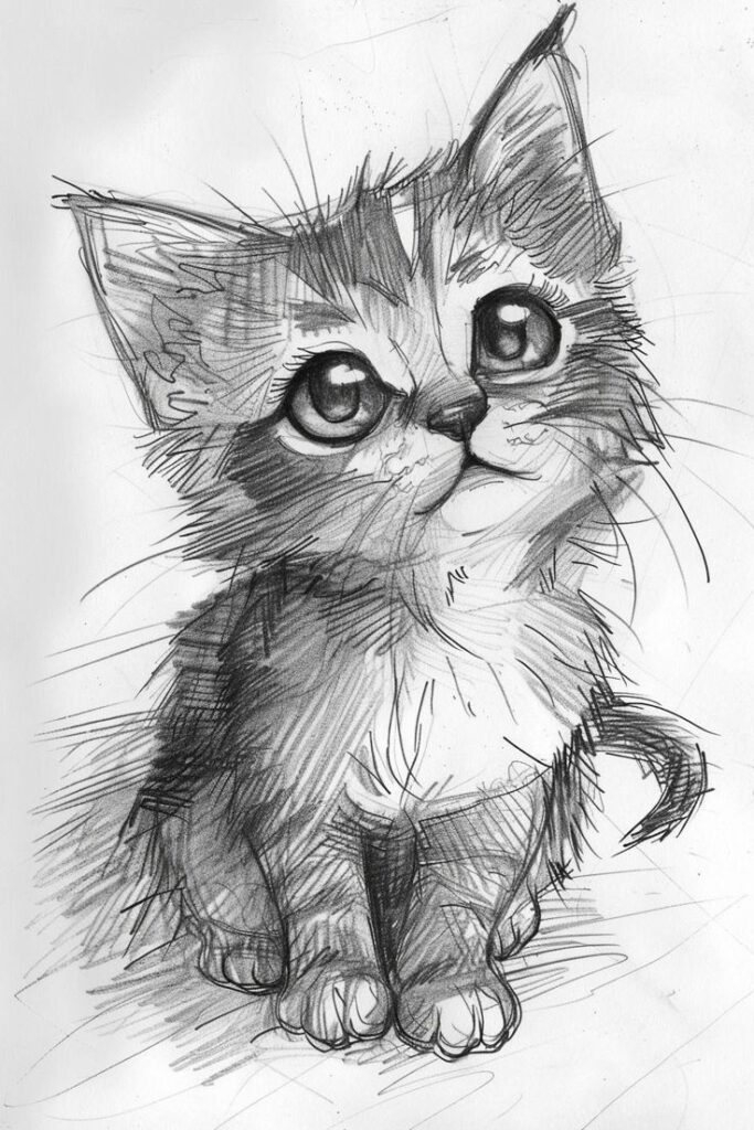 Sketch of an adorable kitten with big eyes, sitting and looking up, drawn in pencil on a white background.