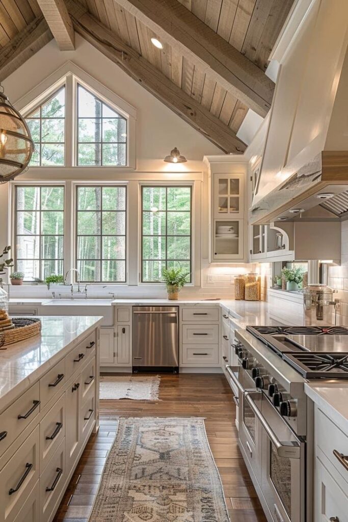 Rustic kitchen with vaulted ceiling, white cabinets, stainless appliances, and large windows overlooking a forest view.