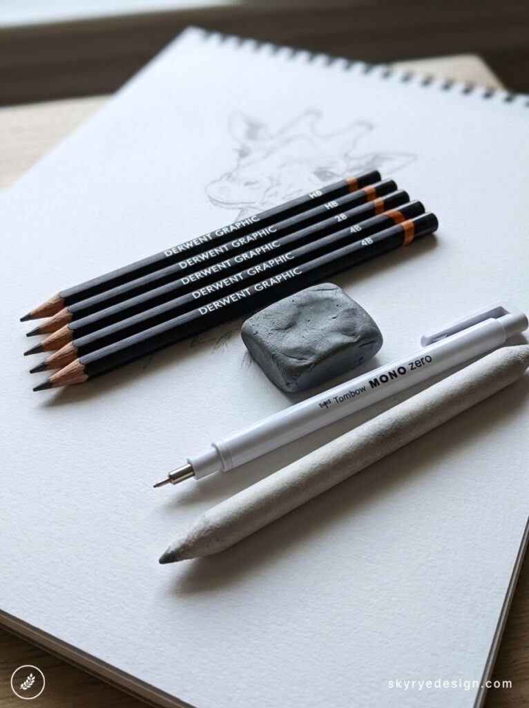 Derwent graphite pencils, kneaded eraser, Tombow MONO zero and blending stump arranged on sketchbook with giraffe sketch