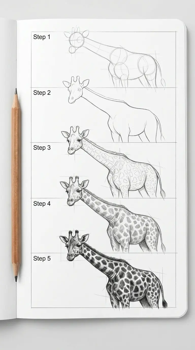 How to draw a giraffe: step-by-step pencil sketch tutorial in a sketchbook, five stages shown with a wooden pencil