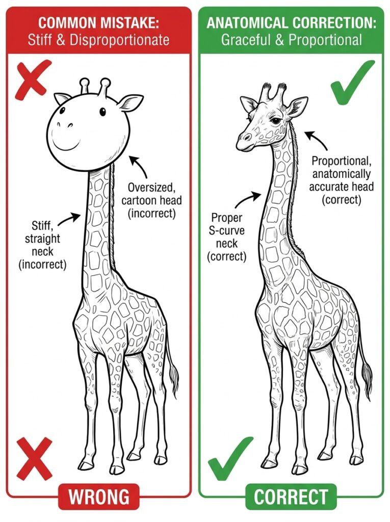 Comparison: wrong cartoon giraffe drawing with oversized head vs correct proportional giraffe with S-curve neck