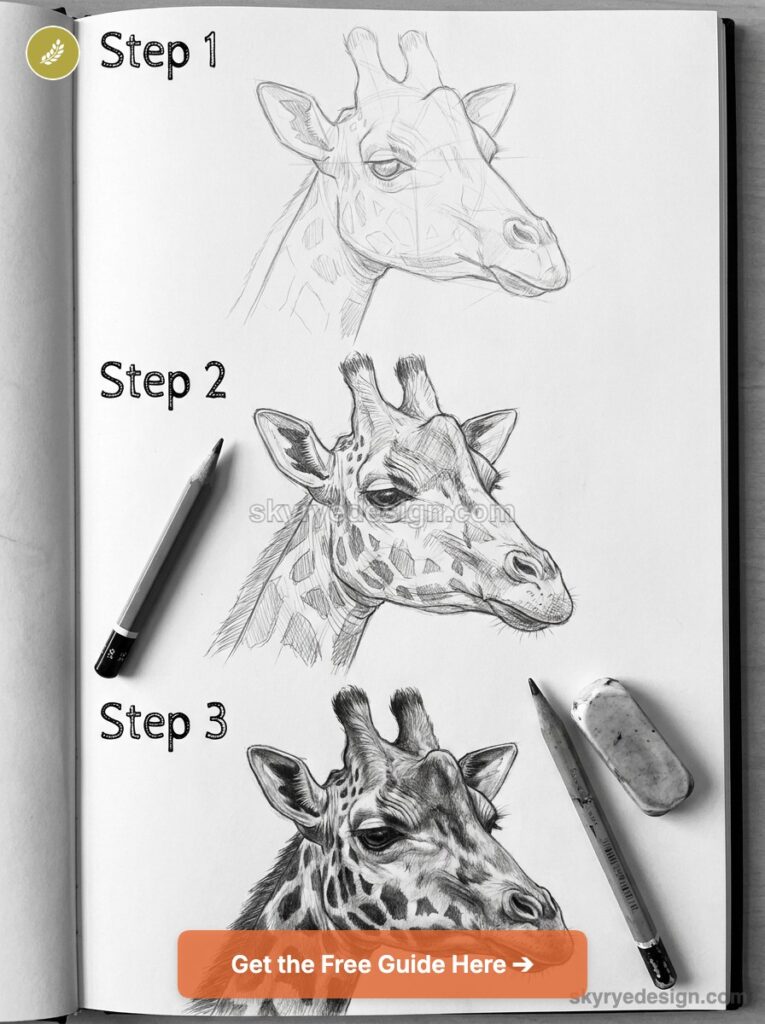 Giraffe pencil drawing tutorial — step-by-step sketches of a giraffe head in a sketchbook with pencils and eraser