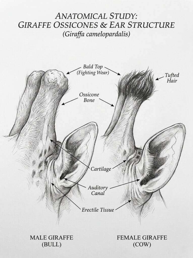 Giraffe ossicones and ear anatomy labeled diagram comparing male (bull) and female (cow)