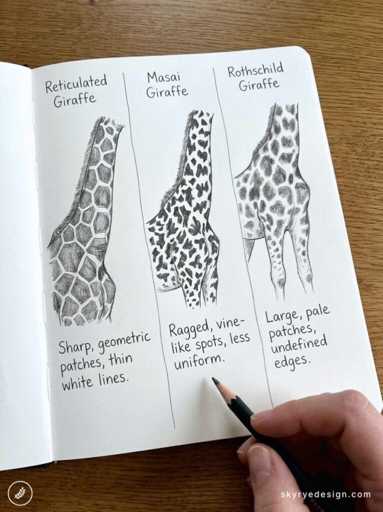 Giraffe coat patterns comparison: pencil sketches of Reticulated, Masai and Rothschild giraffes in notebook, hand with pencil