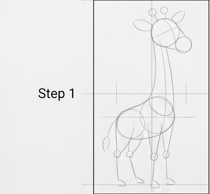 How to draw a giraffe Step 1: pencil construction sketch using circles and guidelines for head, neck, body and legs.