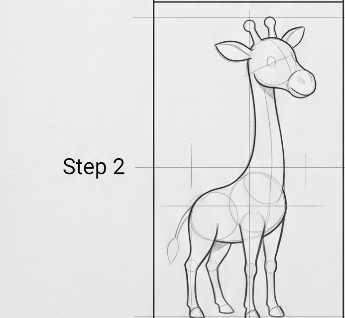 Step 2: giraffe drawing tutorial — pencil sketch with construction circles and grid lines