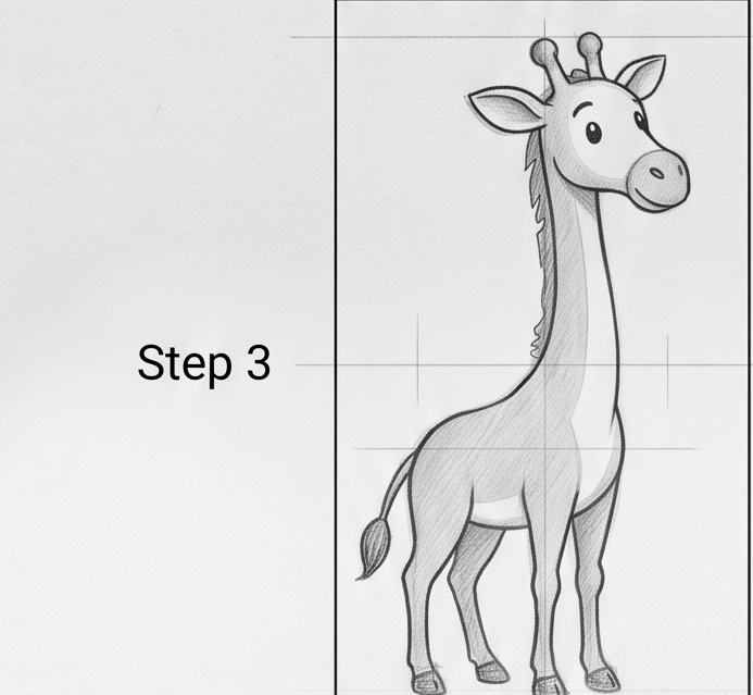 How to draw giraffe - Step 3: pencil sketch of a cartoon giraffe with proportion grid lines for tutorial