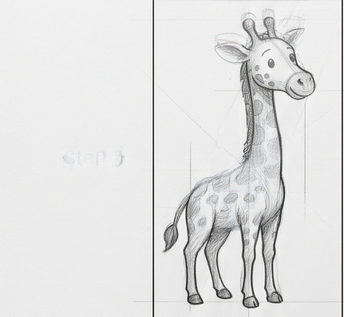 Pencil sketch of a cute cartoon giraffe standing with spots and smiling face, children's book character illustration