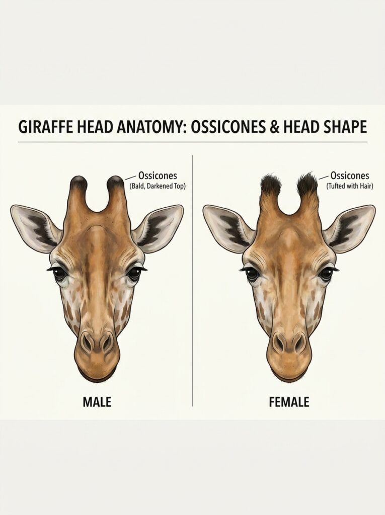 Infographic: giraffe head anatomy comparing male vs female ossicones - male bald darkened tops, female tufted with hair