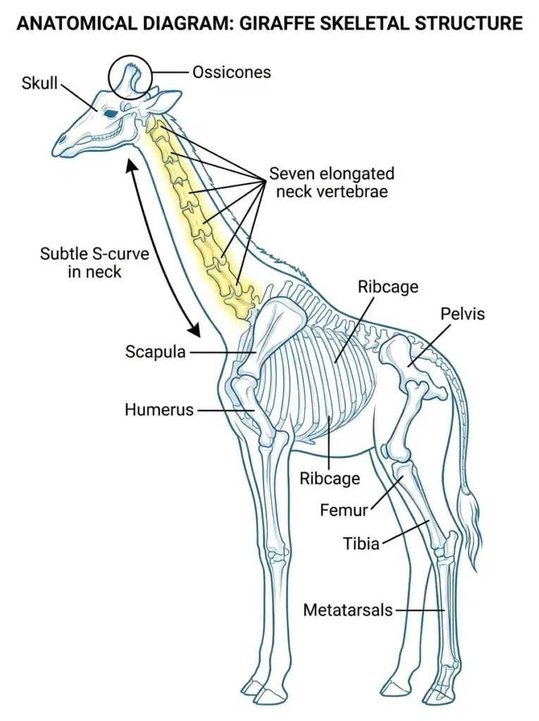 Giraffe skeletal anatomy diagram labeled: skull, ossicones, seven elongated neck vertebrae, ribcage, femur, tibia