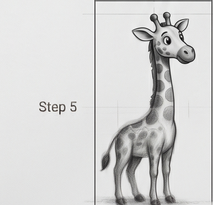 Step 5 drawing tutorial: pencil sketch of a friendly cartoon giraffe standing with long neck, spots and shaded details