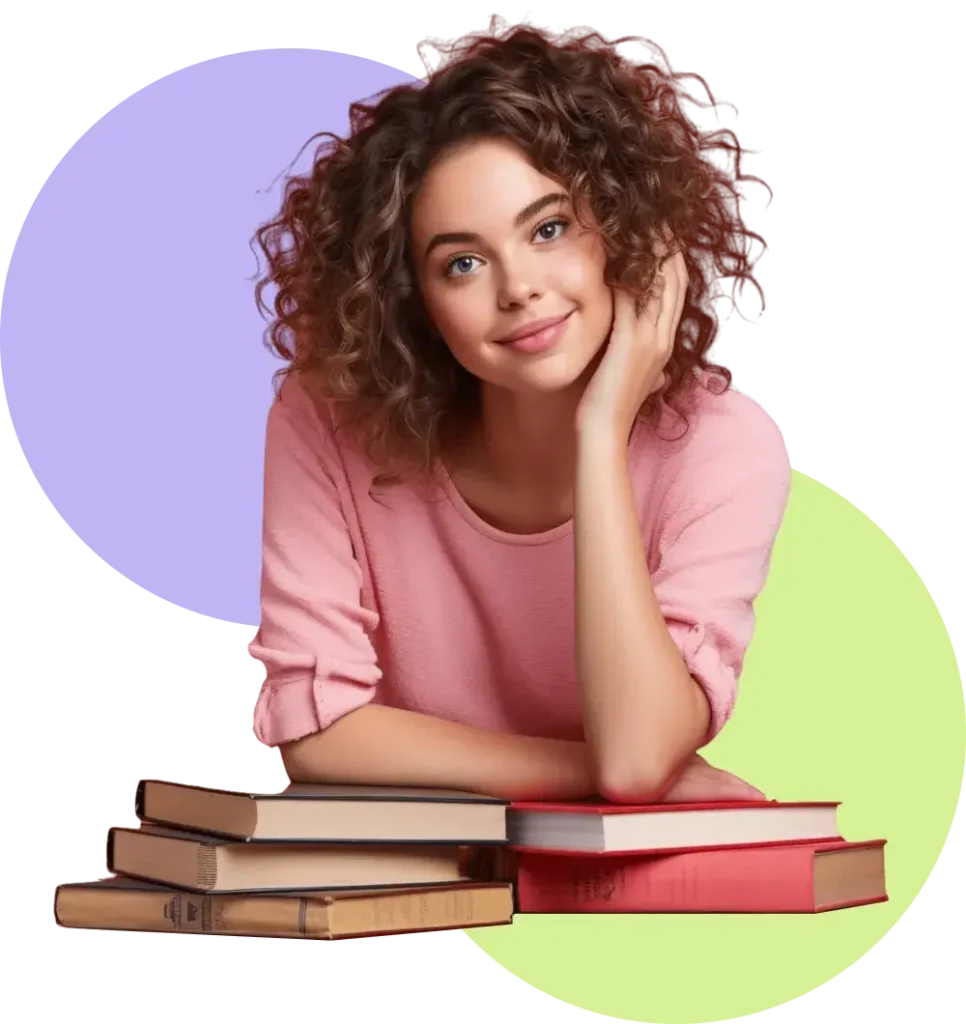 Smiling woman in a pink sweater, leaning on stacked books with colorful circles in the background.
