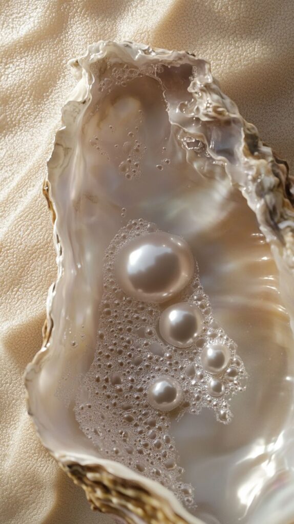 Close-up of an open oyster shell with shiny pearls and textured bubbles inside, resting on a light background.
