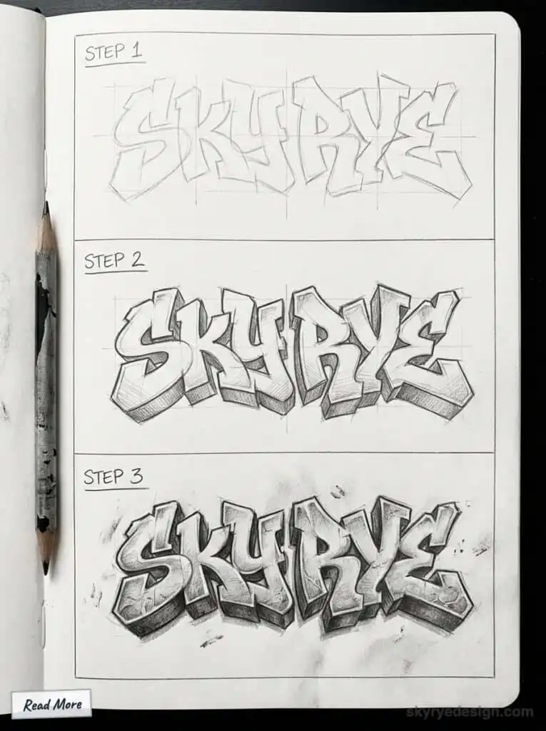 Three-step process of creating graffiti-style text, showing progression from rough sketch to detailed shading with SKYRYE lettering.