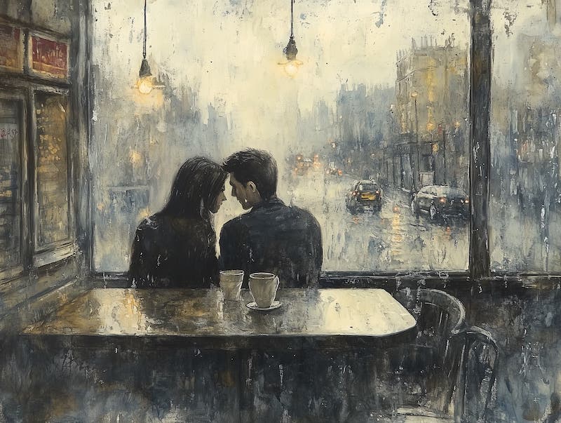 Romantic couple in a cozy café on a rainy day, sharing a moment with coffee amidst a cityscape view.