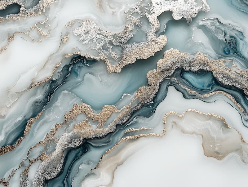 Abstract marbled pattern with white, blue, and gold swirls, resembling a luxurious texture.