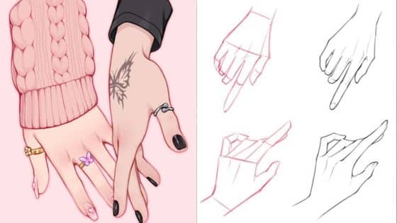 hand drawing Illustrated hands with rings and tattoos, showcasing different hand poses on a pink background. | Sky Rye Design Illustrated hands with rings and tattoos, showcasing different hand poses on a pink background.