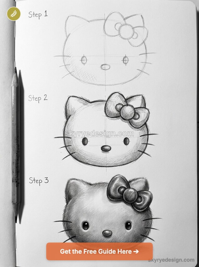 tutorial-hello-kitty How to draw: three-step pencil tutorial for a cute cartoon cat head with bow, pencil at left. | Sky Rye Design How to draw: three-step pencil tutorial for a cute cartoon cat head with bow, pencil at left.