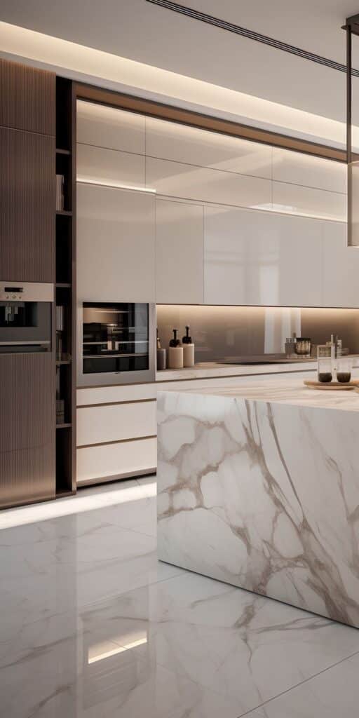 Sleek modern kitchen with marble island, glossy cabinets, and ambient lighting for a luxurious touch.