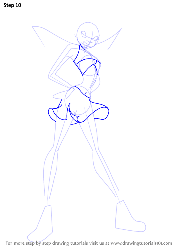 Step-by-step sketch of a standing fairy in a dress with wings, showing basic outlines and shapes for drawing.