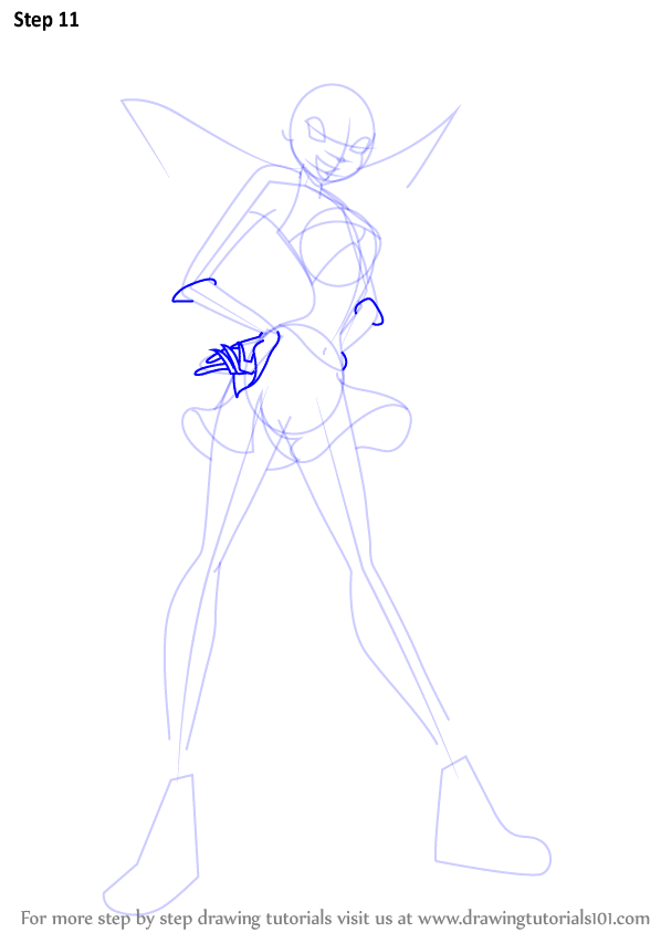 Step 11 of drawing a fairy: Outline arms and start hands. Art tutorial guide.