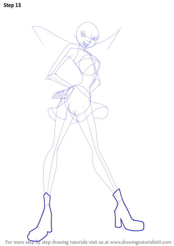 Line art of a stylized character in dynamic pose, wearing wings and high-heeled boots, step 13 in tutorial.