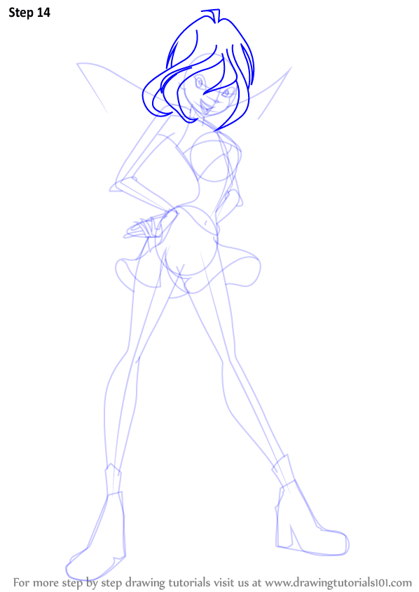 Step-by-step drawing tutorial of a cartoon character with wings and boots, outlining face and hair details.