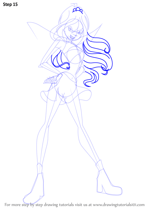 Step-by-step guide to drawing a stylish fairy character with long hair and boots.
