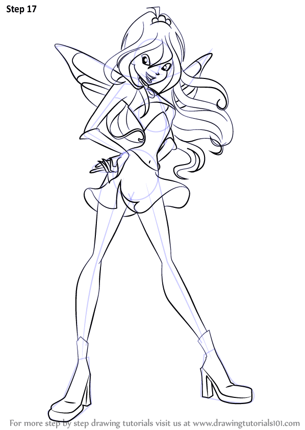 Fairy character sketch with flowing hair and wings, wearing a short dress and high-heeled boots.