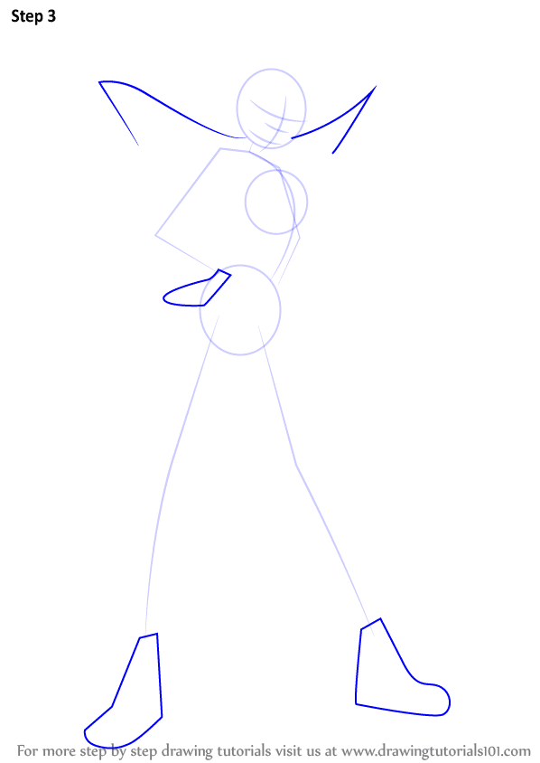 Step-by-step guide for drawing cartoon character pose with basic shapes and outlines.
